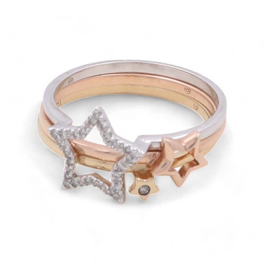 The 14K White Gold Woman Diamond Fashion Ring with Star by Miral Jewelry is a luxurious piece featuring intertwined star shapes in gold, white gold, and rose gold finishes, accented with small diamonds for a stunning effect.