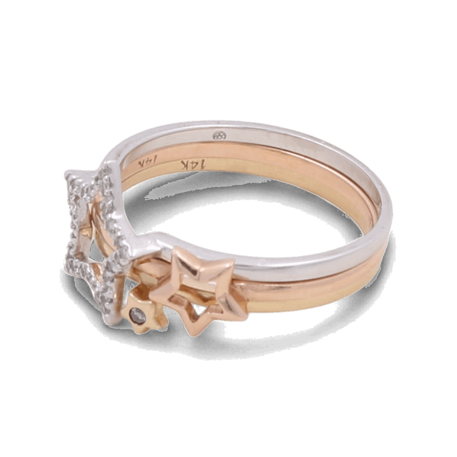 The Miral Jewelry 14K White Gold Woman Diamond Fashion Ring features intertwined star designs, with one star encrusted with small diamonds and the other plain.