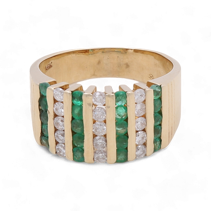 The Miral Jewelry 14K Yellow Gold Diamond Fashion Woman Ring features alternating vertical rows of emeralds and diamonds arranged in a geometric pattern, showcasing certified quality craftsmanship.