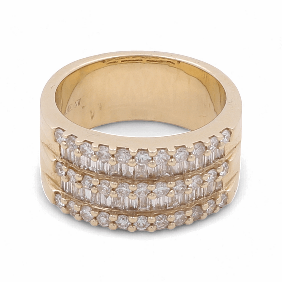 Miral Jewelry's 14K Yellow Gold Diamond Fashion Woman Ring boasts a stylish design with three rows of small embedded diamonds encircling the band.