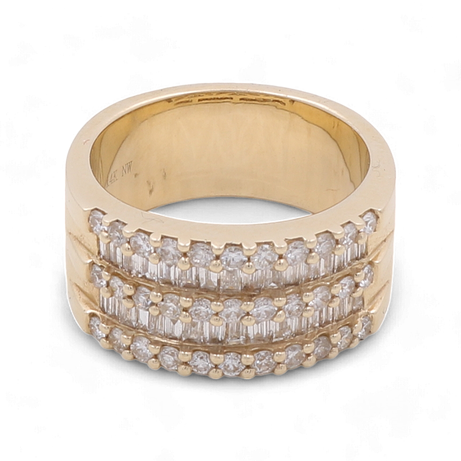 Miral Jewelry's 14K Yellow Gold Diamond Fashion Woman Ring boasts a stylish design with three rows of small embedded diamonds encircling the band.