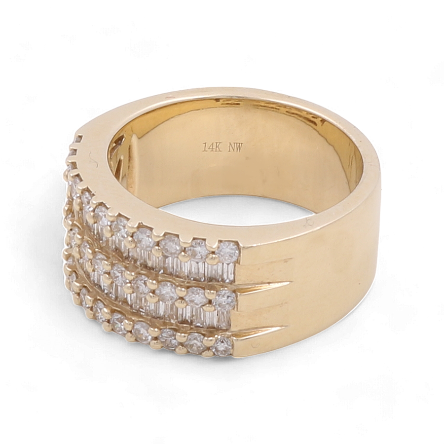 The Miral Jewelry 14K Yellow Gold Contemporary Diamond Fashion Ring features a sleek gold band adorned with three rows of small diamonds, with the inner surface engraved "14K NW" to signify its 14k yellow gold composition.