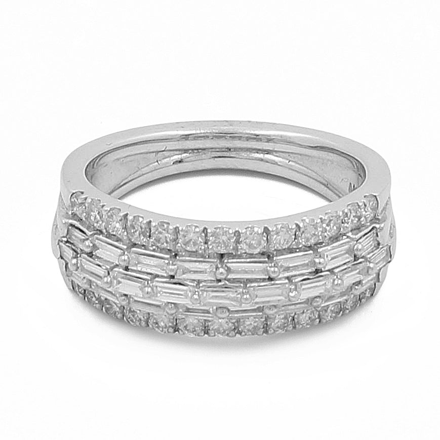 The Miral Jewelry White Gold 14k Contemporary Diamond Fashion Ring, adorned with 0.45tw round diamonds and a central row of 0.50tw baguette diamonds, embodies contemporary elegance.