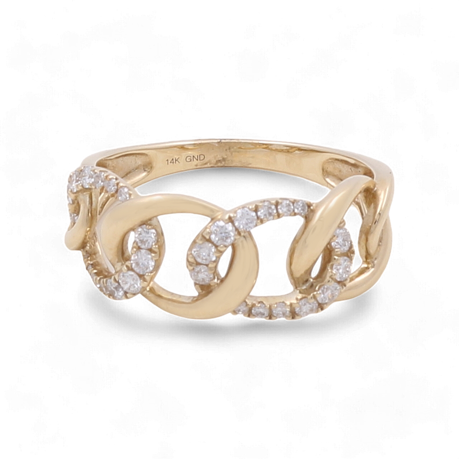 The 14K yellow gold fashion diamond woman ring by Miral Jewelry features an interlocking chain design accented with small diamonds, epitomizing fashion jewelry elegance.