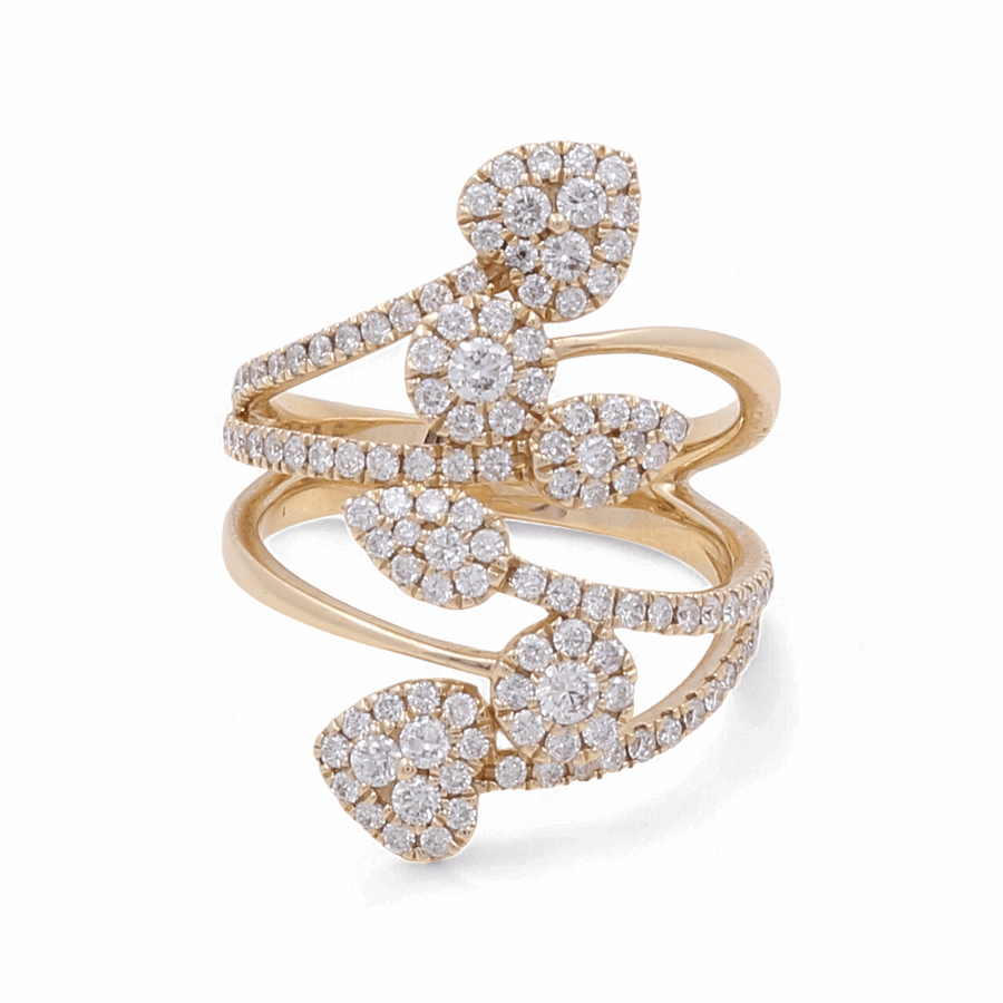 The 14K Yellow Gold Fashion Diamond Woman Ring by Miral Jewelry features five exquisite leaf-shaped clusters of petite diamonds and a band that elegantly splits into multiple diamond-studded strands. This luxurious creation showcases the pinnacle of fine jewelry, making it an ideal choice for the discerning fashion-conscious woman.