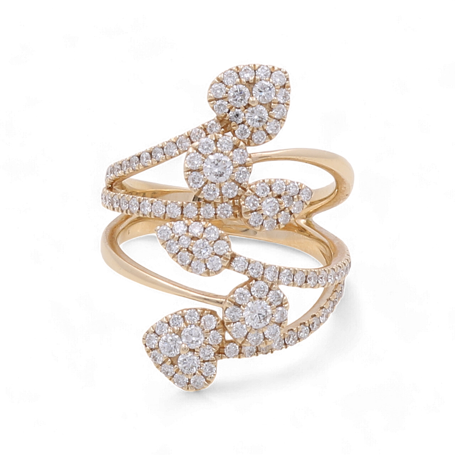 The 14K Yellow Gold Fashion Diamond Woman Ring by Miral Jewelry features five exquisite leaf-shaped clusters of petite diamonds and a band that elegantly splits into multiple diamond-studded strands. This luxurious creation showcases the pinnacle of fine jewelry, making it an ideal choice for the discerning fashion-conscious woman.