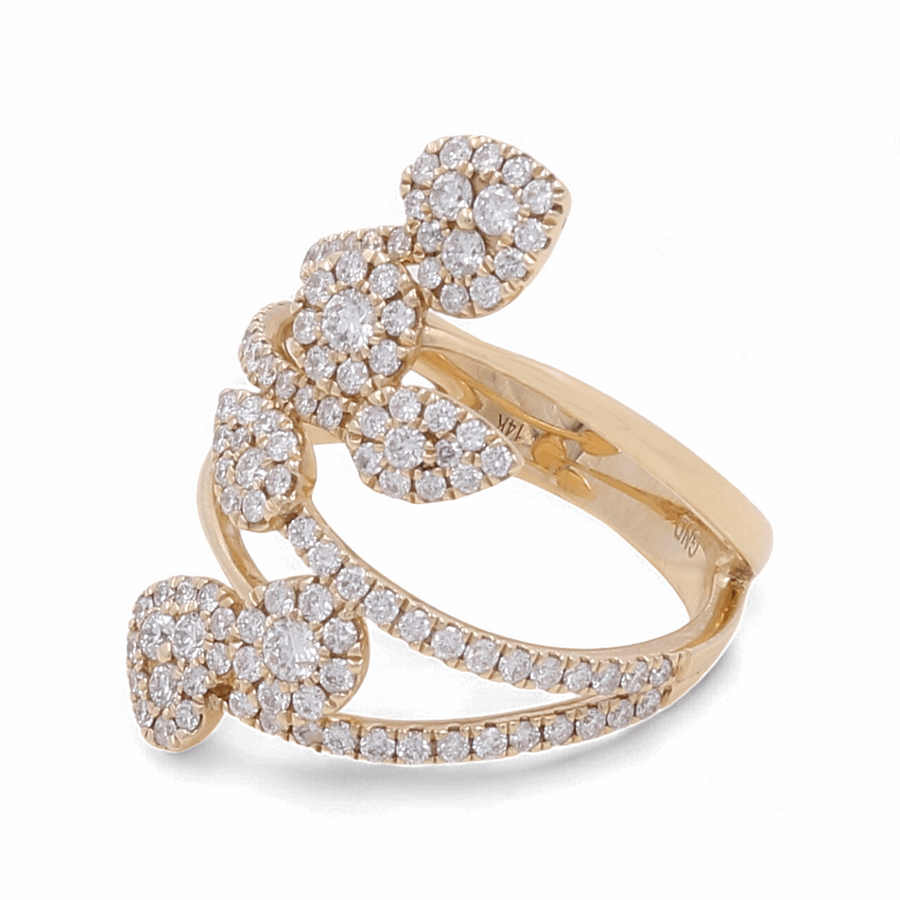 The Miral Jewelry 14K Yellow Gold Fashion Diamond Woman Ring, featuring a leaf-like design encrusted with numerous small diamonds, epitomizes luxury jewelry and stands out as the perfect statement piece.