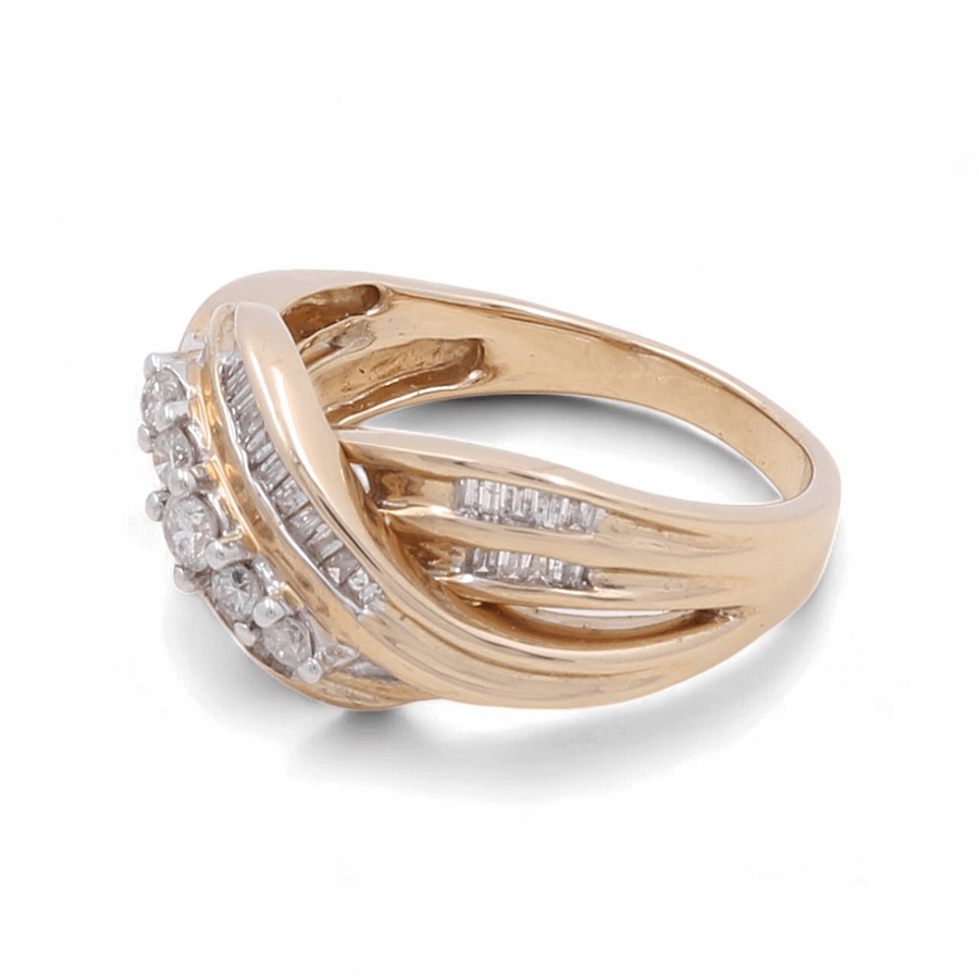 A stunning accessory from Miral Jewelry, this 10K yellow gold fashion diamond woman ring showcases an intricate design with multiple small diamonds arranged in a cluster, weighing a total of 1.00TW.