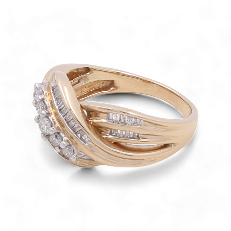 A stunning accessory from Miral Jewelry, this 10K yellow gold fashion diamond woman ring showcases an intricate design with multiple small diamonds arranged in a cluster, weighing a total of 1.00TW.