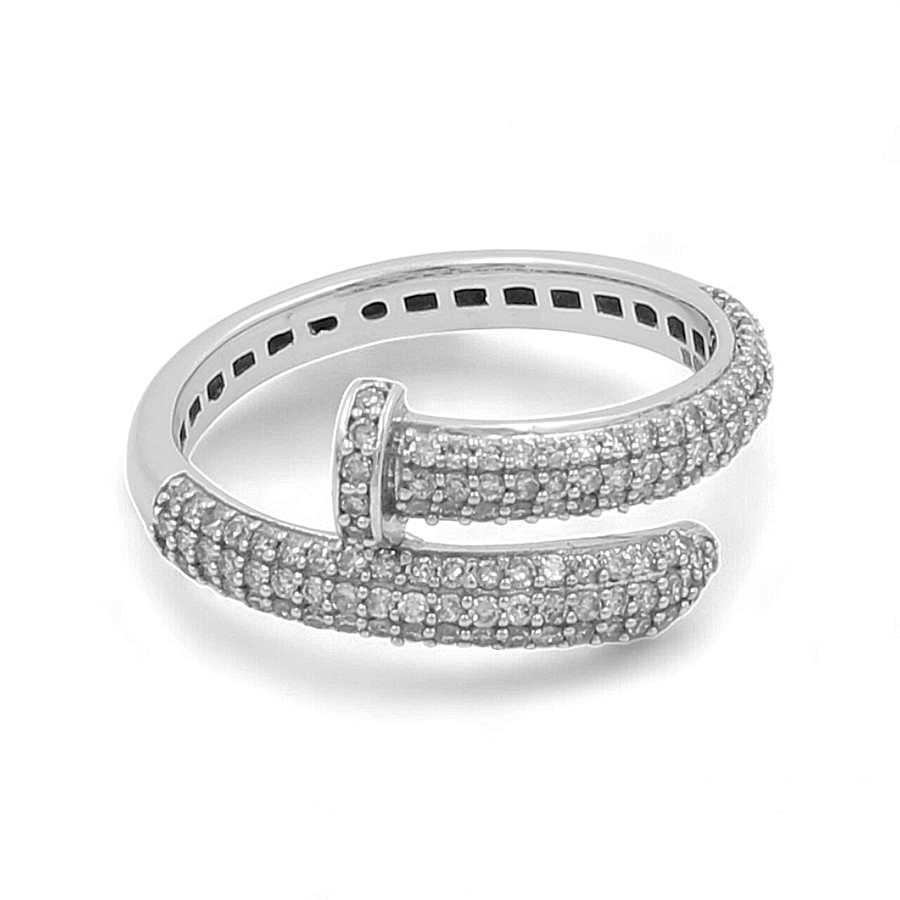 A fashion diamond woman's ring with a nail-shaped design, encrusted with small diamonds, crafted in 14K white gold by Miral Jewelry, shown against a white background.