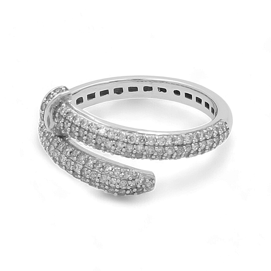 The 14K White Gold Fashion Diamond Woman Ring by Miral Jewelry, featuring a double band design adorned with two rows of small square-shaped diamonds that wrap around each other, exudes timeless elegance.