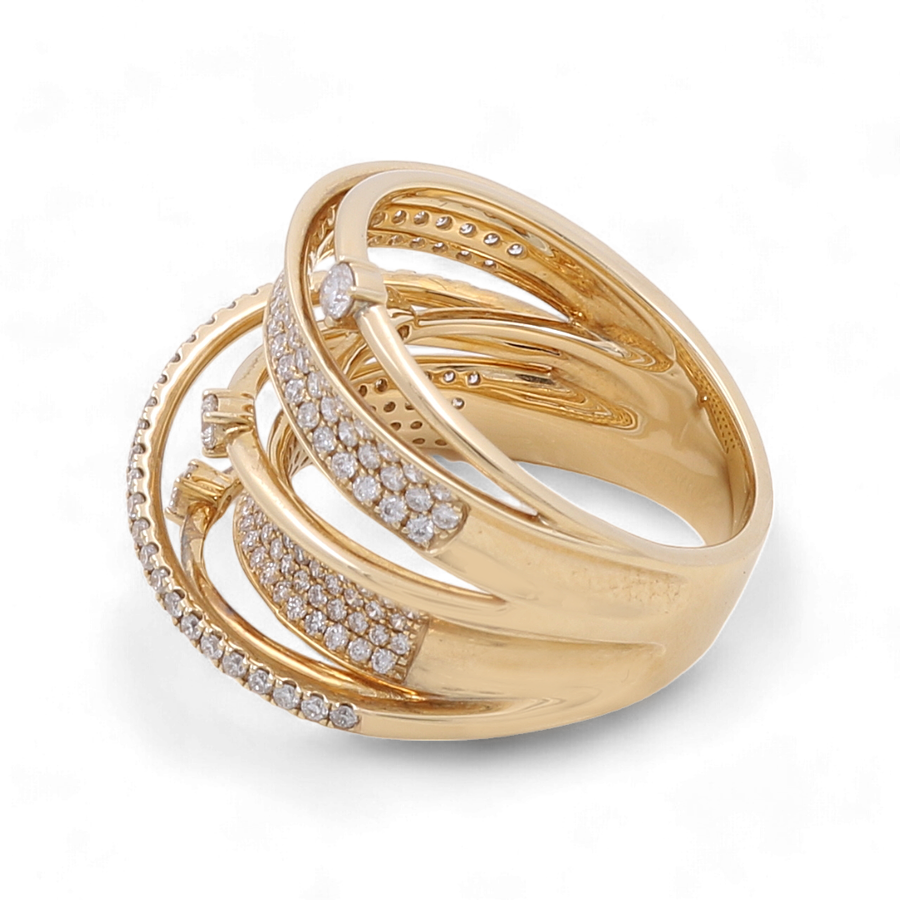 The Miral Jewelry 18K Yellow Gold Fashion Diamond Woman Ring is a breathtaking piece featuring multiple intertwined bands, several of which are adorned with small, sparkling diamonds, making it an exquisite accessory perfect for any woman.