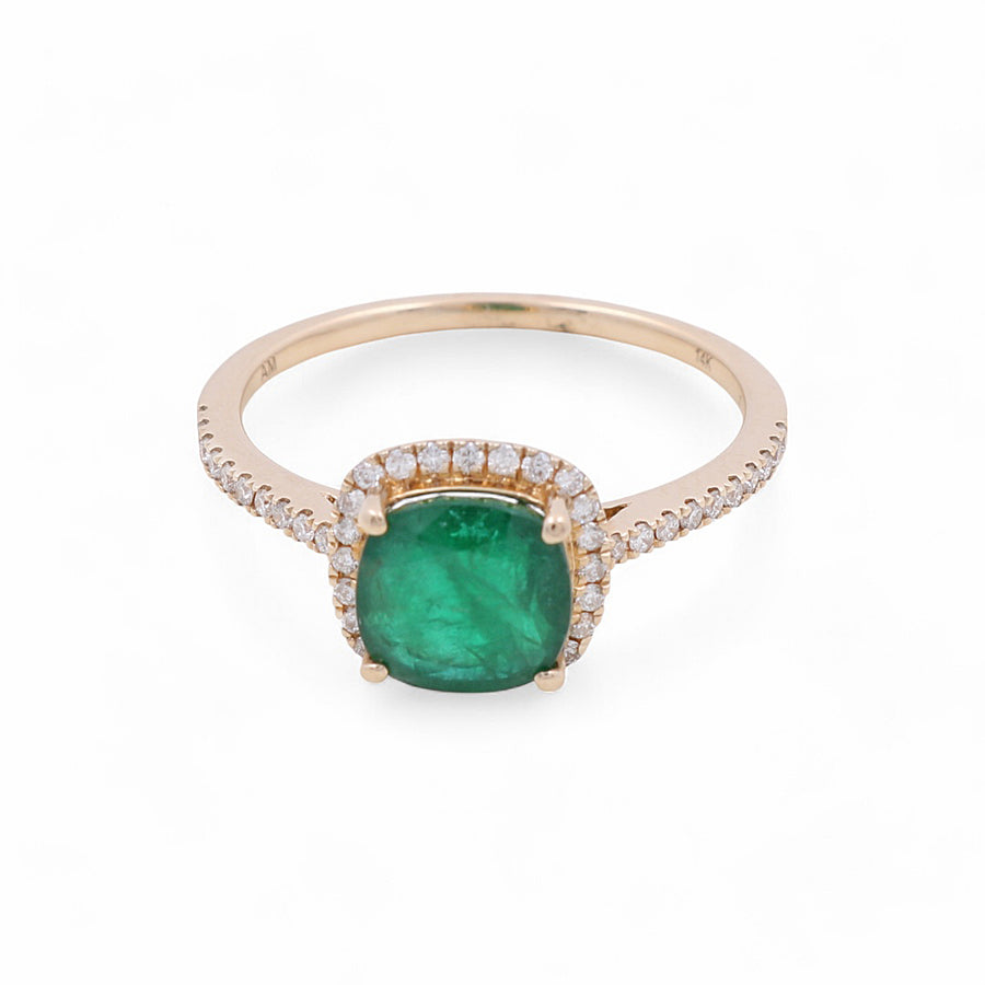 Elegant and luxurious, the Miral Jewelry 14K Yellow Gold Women's Fashion Ring features a round, translucent green gemstone surrounded by small diamonds on a pristine white backdrop.