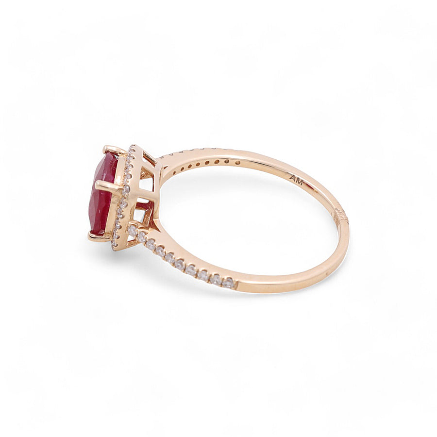 Experience the elegance of the 14K Yellow Gold Woman Fashion Ring with Diamonds and Ruby from Miral Jewelry. This stunning piece features a vibrant red gemstone and small embedded diamonds along the band, beautifully displayed on a white background. Perfect for adding a touch of sophistication to any woman's jewelry collection.