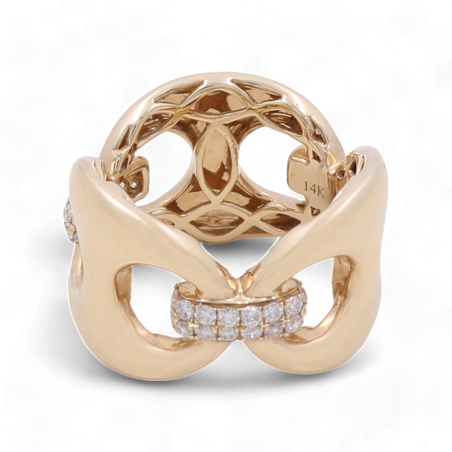 Here's a rephrased version using the given product data:
"Miral Jewelry's 14K Yellow Gold fashion ring features an intricate design adorned with diamonds, making it a perfect choice for women.