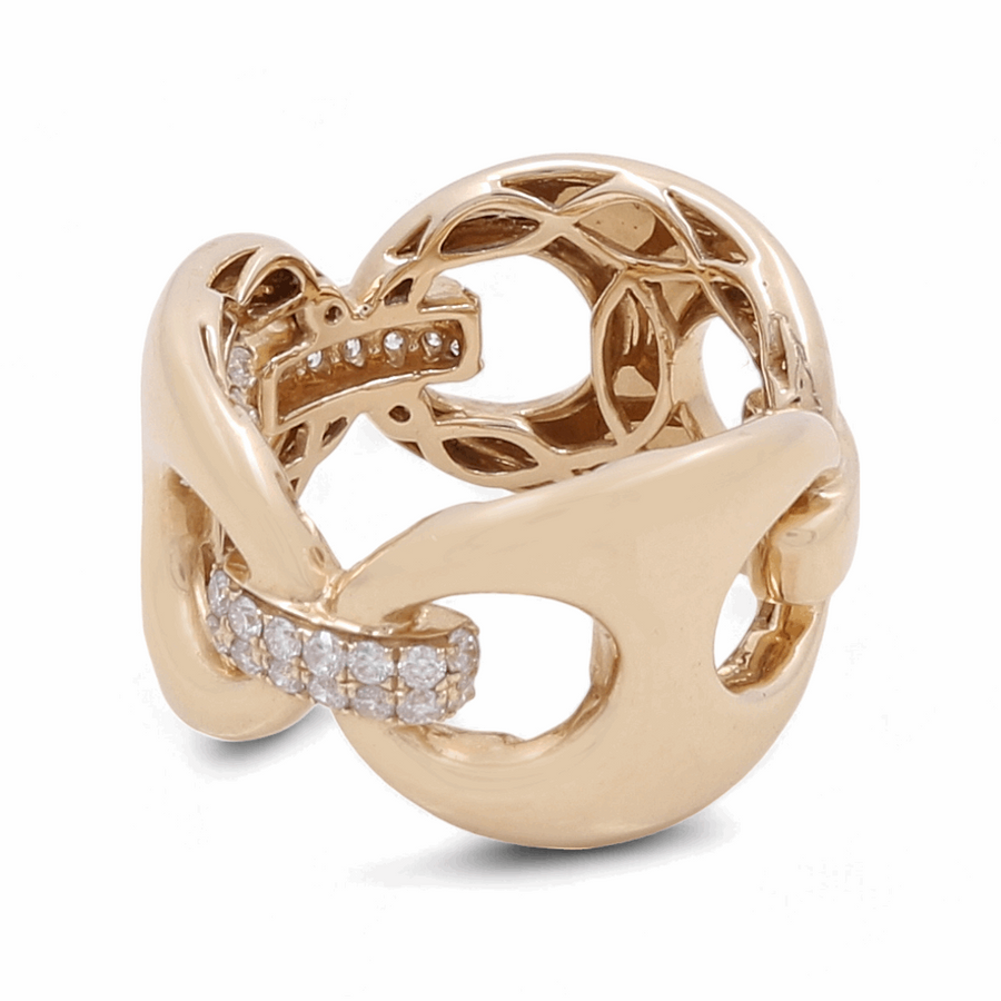 Bearing the elegance of Miral Jewelry's exquisite craftsmanship, the 14K Yellow Gold Fashion Diamond Woman Ring showcases a sophisticated interlocking design and is adorned with stunning diamond accents on the front.