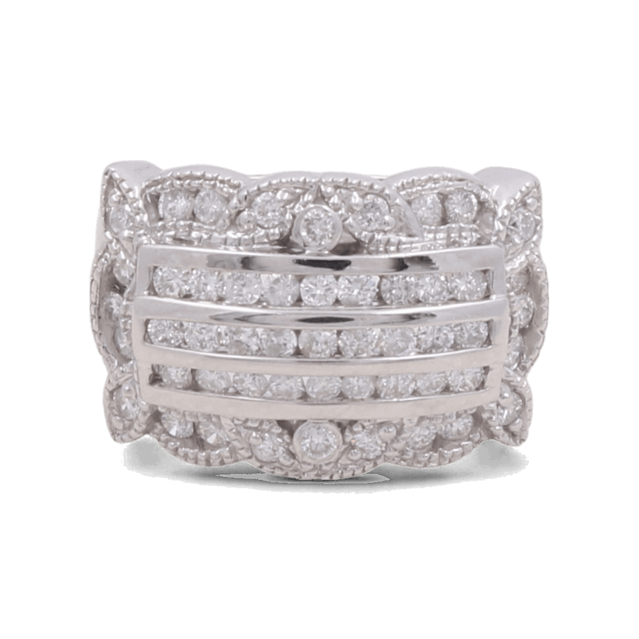 An elegant piece of jewelry, the 14K White Gold Fashion Diamond Woman Ring by Miral Jewelry is adorned with multiple rows of small diamonds and features a scalloped edge design.