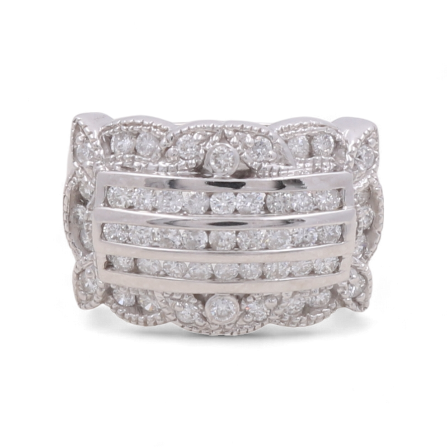 An elegant piece of jewelry, the 14K White Gold Fashion Diamond Woman Ring by Miral Jewelry is adorned with multiple rows of small diamonds and features a scalloped edge design.