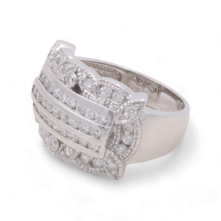 This exquisite accessory is the Miral Jewelry 14K White Gold Fashion Diamond Woman Ring, showcasing a design with multiple rows of embedded small diamonds. It features a charming rectangular pattern with an outer floral-like border.