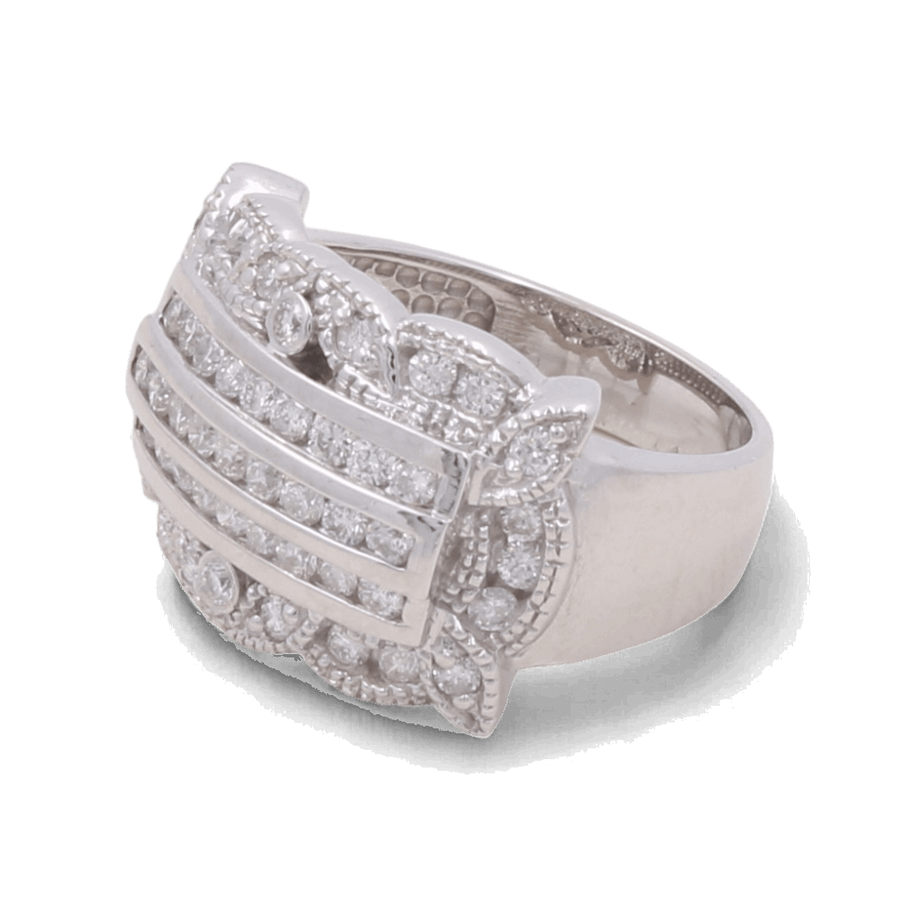 This exquisite accessory is the Miral Jewelry 14K White Gold Fashion Diamond Woman Ring, showcasing a design with multiple rows of embedded small diamonds. It features a charming rectangular pattern with an outer floral-like border.