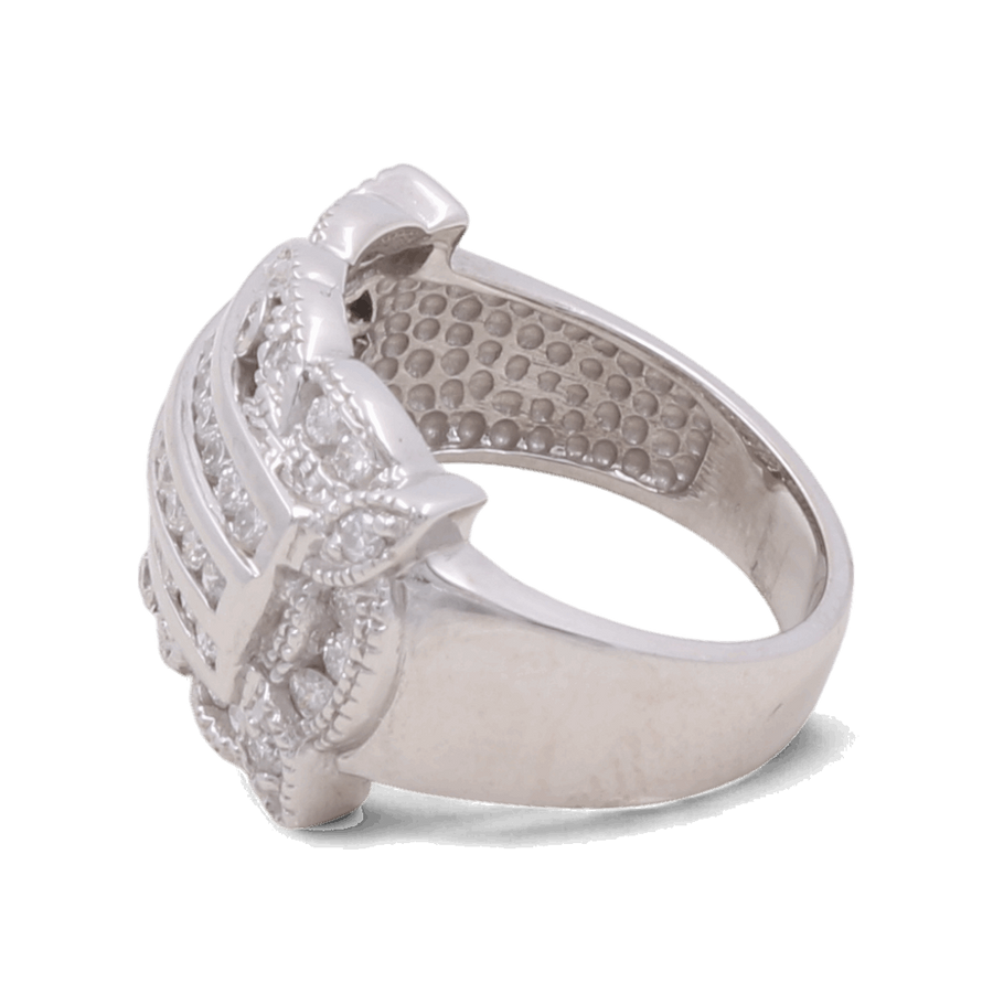 This exquisite accessory, the 14K White Gold Fashion Diamond Woman Ring by Miral Jewelry, features a wide band with a square, raised setting adorned with small round diamonds. The inner side of the band boasts a dotted texture for added detail.