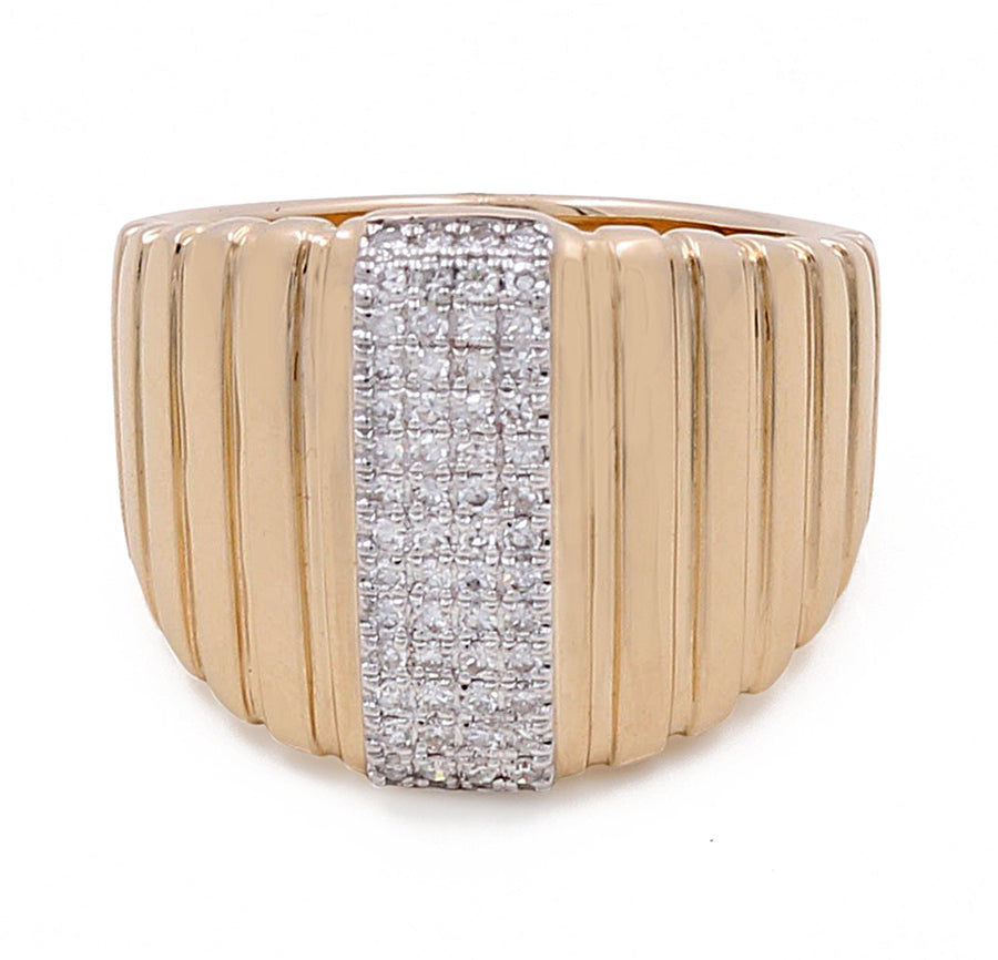 14k Yellow Gold Fashion Ridge Ring with 0.23Tw Round Diamonds with a grooved design featuring a vertical row of small round diamonds in the center, epitomizing luxury jewelry. Crafted from 14k yellow gold, this Miral Jewelry ring exudes elegance and sophistication.