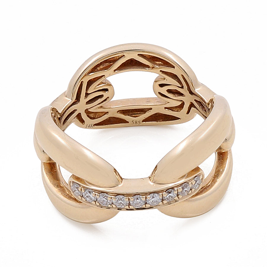 14k Yellow Gold Fashion Link Ring with 0.18Tw Round Diamonds by Miral Jewelry, featuring an overlapping band design and a row of small, round diamonds on the front. This piece epitomizes luxurious jewelry at its finest.