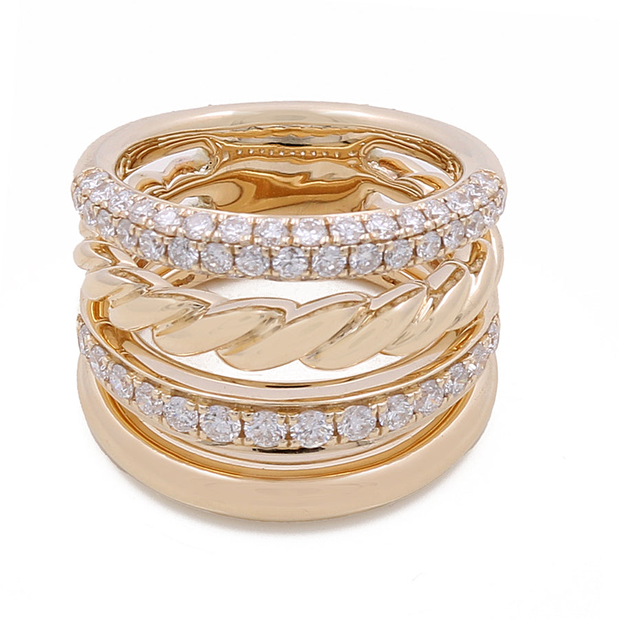 Three 14k Yellow Gold Fashion Rings with 1.18Tw Round Diamonds stacked together, featuring a combination of twisted and smooth bands, each adorned with round diamonds—a truly luxurious accessory by Miral Jewelry.