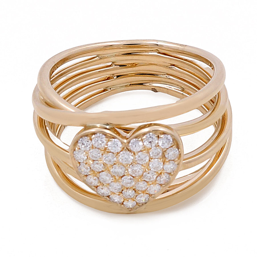 A stunning 14k Yellow Gold Fashion Heart Ring with 0.23Tw Round Diamonds by Miral Jewelry, featuring multiple bands converging at a heart-shaped cluster of round diamonds.