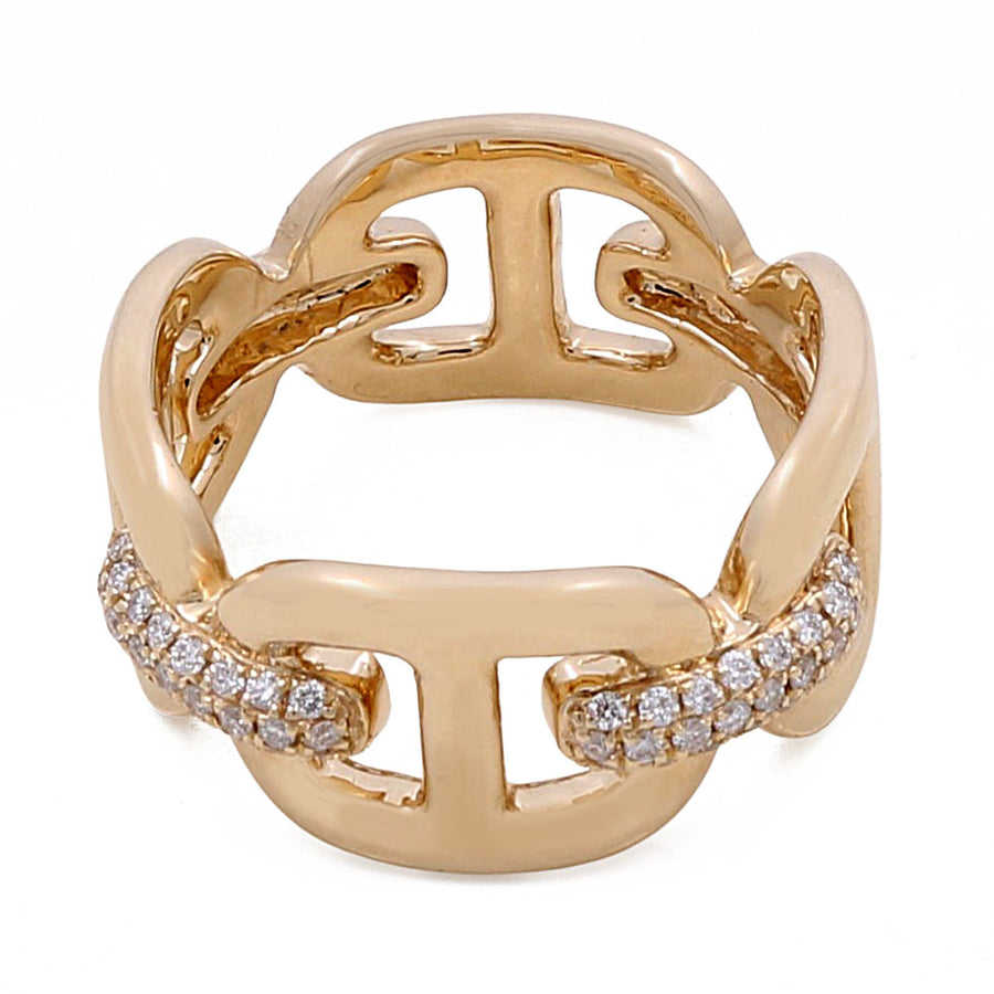 This 14k Yellow Gold Diamond Fashion Link Ring with 0.23Tw Round Diamonds by Miral Jewelry features an interlocking H pattern and is encrusted with round diamonds on sections of the band, making it a stunning Fashion Link Ring.