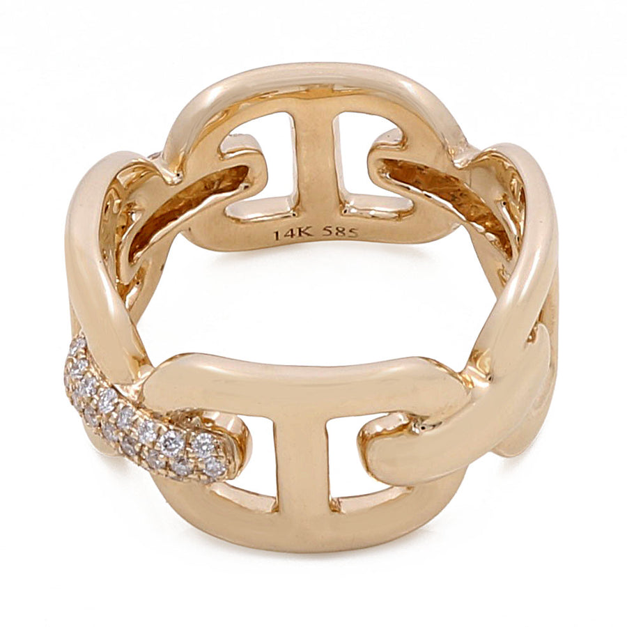 A Miral Jewelry 14k Yellow Gold Diamond Fashion Link Ring with 0.23Tw Round Diamonds, featuring a section adorned with small round diamonds.