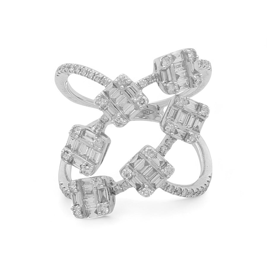 A timeless piece from Miral Jewelry, the 14K White Gold Fashion Diamond Women's Ring features an intricate design with interlocking loops and multiple square-shaped, clear gemstones.