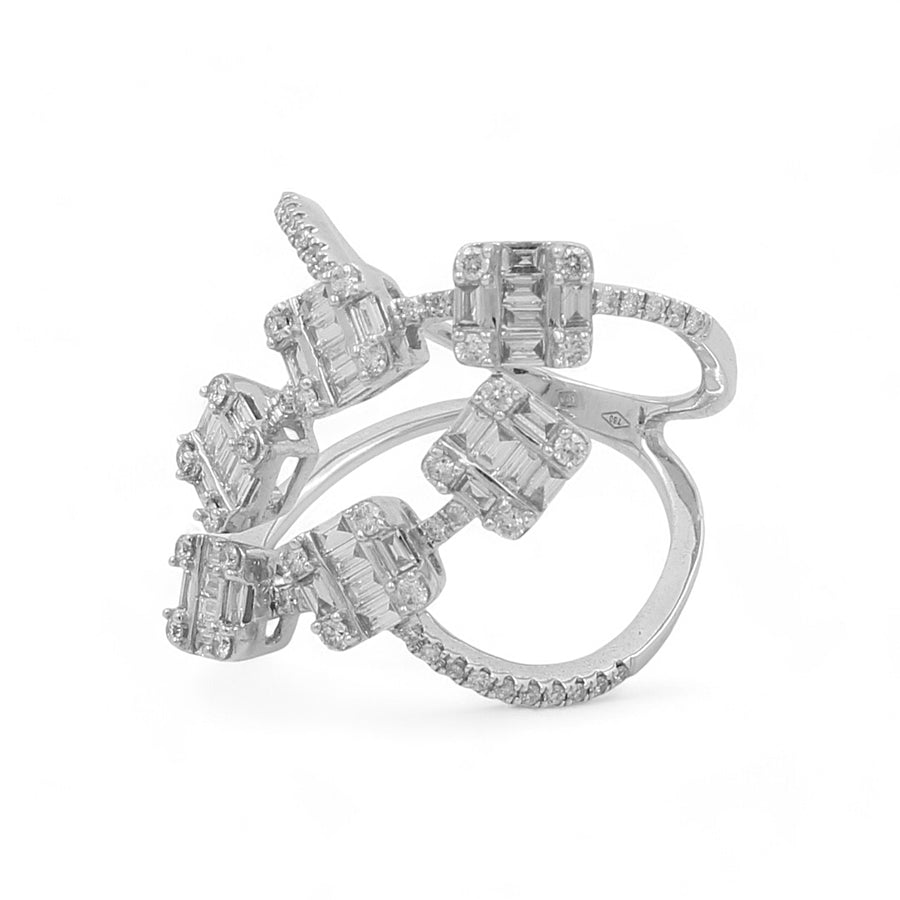 The 14K White Gold Fashion Diamond Women's Ring by Miral Jewelry epitomizes elegance and timeless style with its intricate design featuring multiple square-cut gemstones and additional small stones in a swirling pattern.