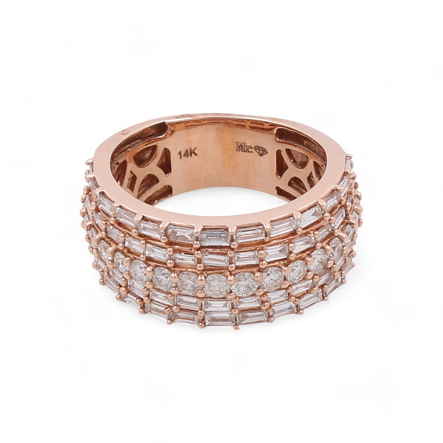 The Miral Jewelry 14K Rose Gold Fashion Diamond Women's Ring is a stunning accessory, adorned with multiple rows of delicate diamonds and crafted in exquisite 14K rose gold, featuring the 14K mark on the inner band.