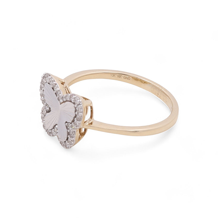 The 10K Yellow and White Gold Fashion Butterfly Diamond Women's Ring by Miral Jewelry showcases an elegant butterfly design adorned with diamond accents, set against a plain white background. This exquisite piece is a stunning addition to any women's fashion ring collection.