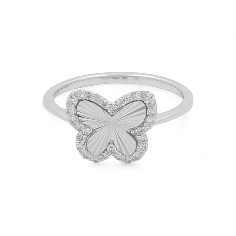 Miral Jewelry presents the 10K White Gold Fashion Butterfly Diamond Women's Ring, a stunning piece featuring a butterfly design with detailed wings and a textured pattern, adorned with sparkling diamonds.