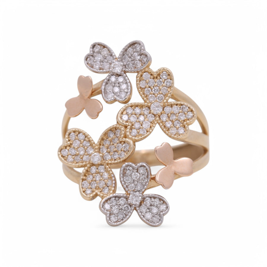 14K Tri Color Gold  Flowers Fashion Ring with 0.62Tw Round  Diamonds