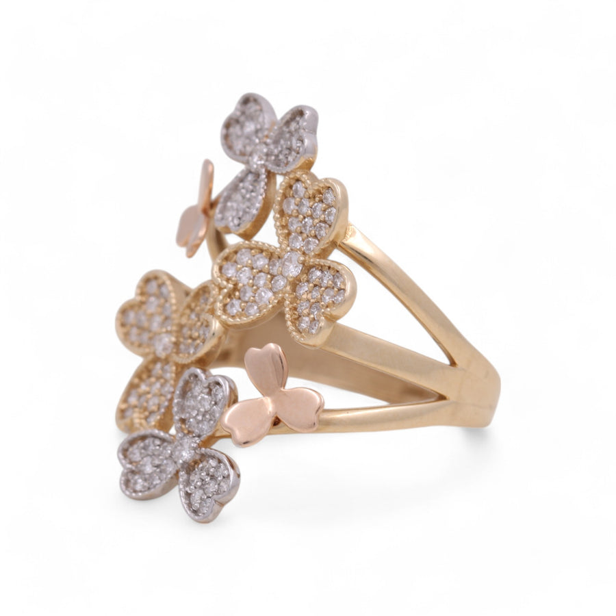 14K Tri Color Gold  Flowers Fashion Ring with 0.62Tw Round  Diamonds