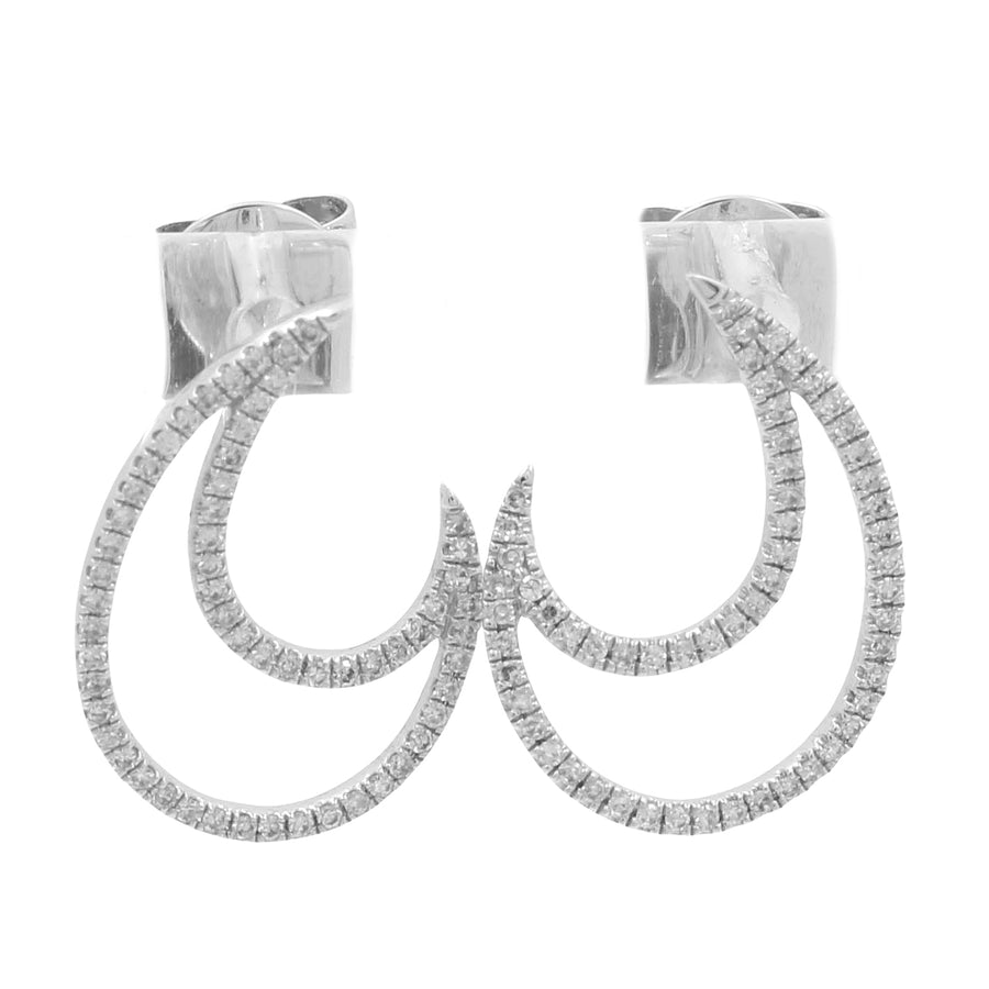 The Miral Jewelry 14K White Gold Fashion Diamond Women Earring Drops are a pair of silver, double-hoop earrings studded with small, sparkling diamonds and featuring post-back closures; these accessories add a touch of elegance to any outfit.