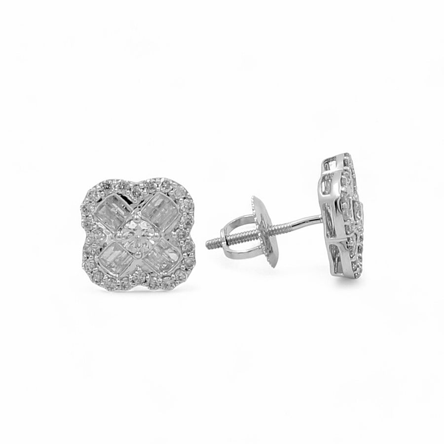 A pair of exquisite 10K white gold flower diamond women's earrings from Miral Jewelry, featuring a floral design and stud backings, adorned with shimmering diamonds.