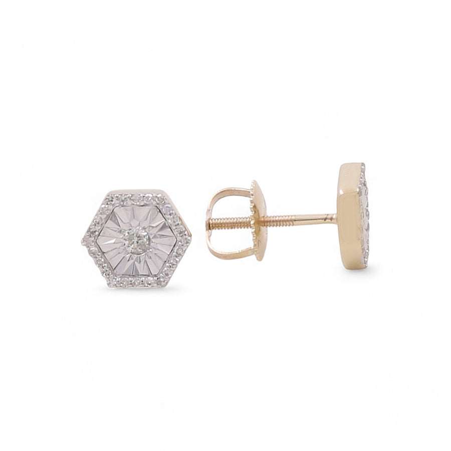 A pair of rhombus-shaped diamond stud earrings with a gold setting, featuring a central diamond surrounded by smaller diamonds. One earring is shown front-facing and the other side-facing, showcasing the elegance typical of Miral Jewelry's 10K Yellow Gold Rhombus Fashion Diamond Women's Earrings.