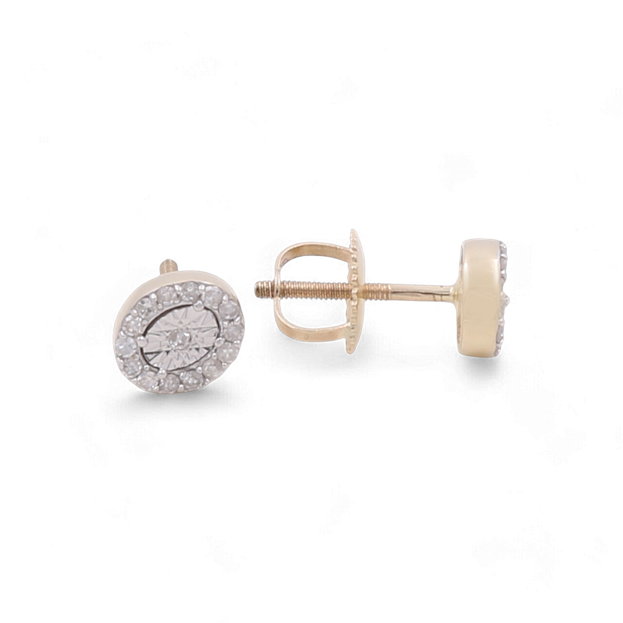 Miral Jewelry: 10K Yellow Gold Oval Fashion Diamond Women's Earrings featuring diamond accents and screw-back closures, shown in a side-by-side view.