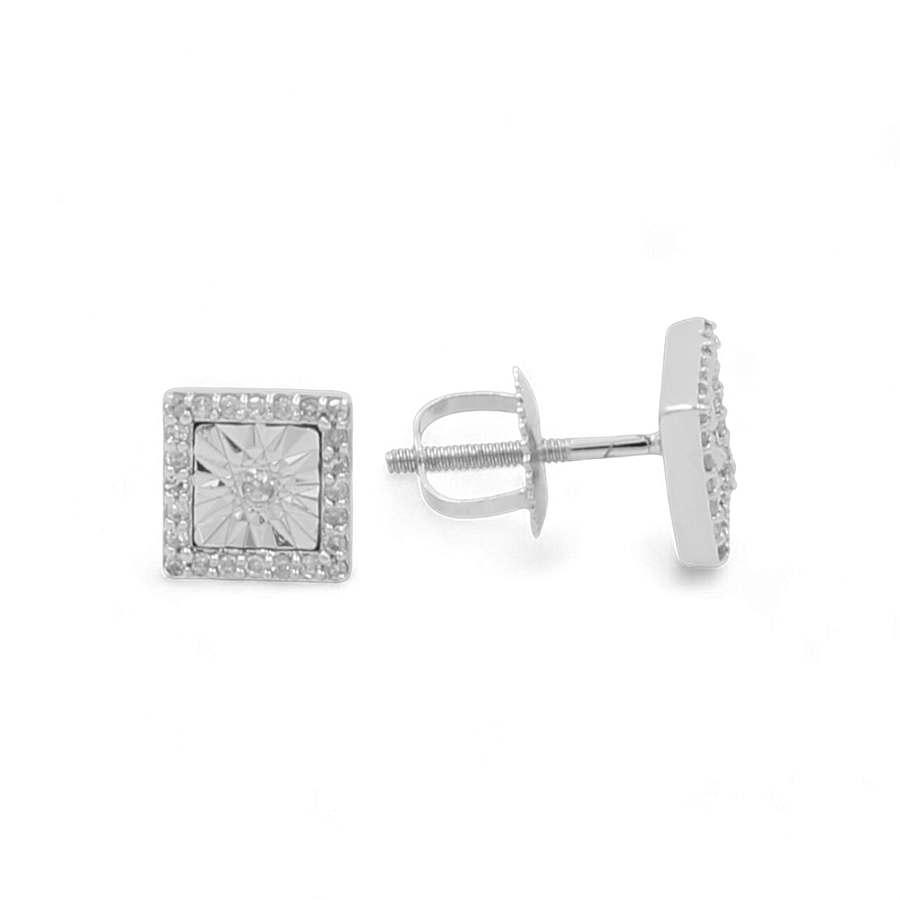 Miral Jewelry's 10K White Gold Square Fashion Diamond Women's Earrings feature a central gem encircled by smaller gems, crafted from exquisite 10K white gold with a secure screw-back closure. These stunning earrings are elegantly displayed against a plain white background.