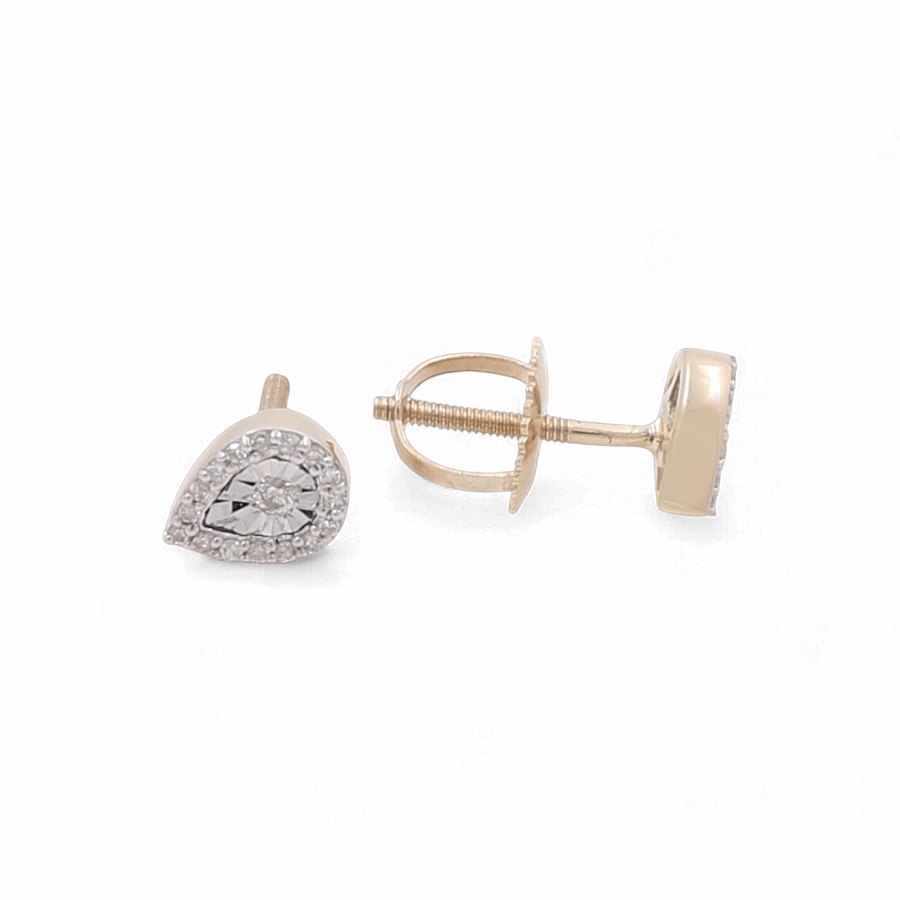 Miral Jewelry's 10K Yellow Gold Contemporary Teardrop Shape Diamond Women's Earrings are pictured, featuring a secure screw-back closure with one earring shown from the front and the other from the side.