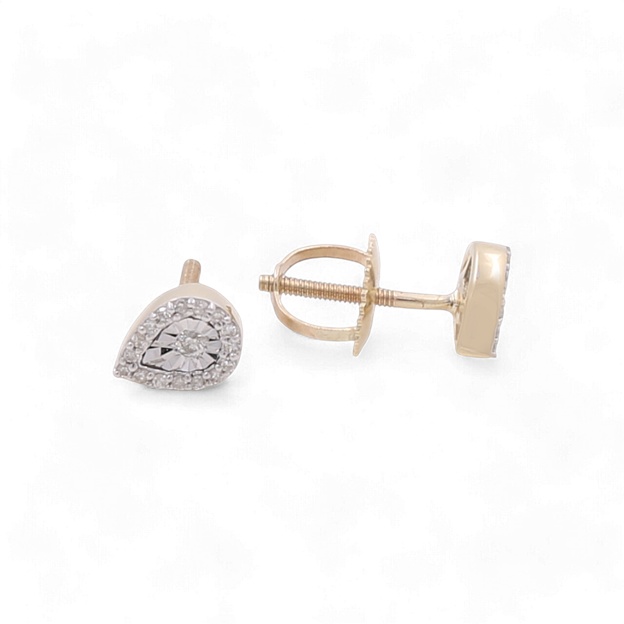 Miral Jewelry's 10K Yellow Gold Contemporary Teardrop Shape Diamond Women's Earrings are pictured, featuring a secure screw-back closure with one earring shown from the front and the other from the side.