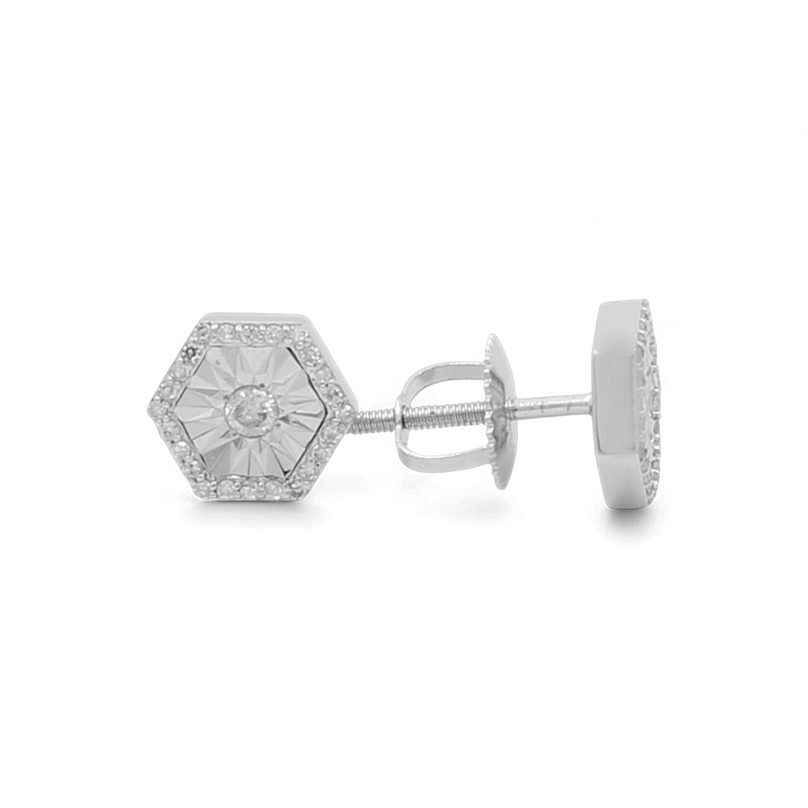 10K White Gold Rhombus Fashion Diamond Women's Earrings by Miral Jewelry, featuring a central diamond surrounded by smaller diamonds and equipped with screw back closures.