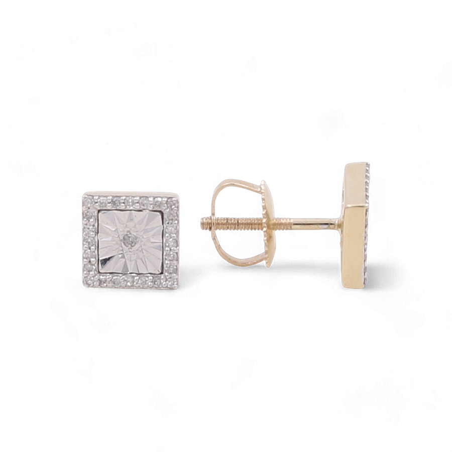 Square diamond-studded stud earrings featuring a central diamond, gold backings, and a symmetrical design. These 10K Yellow Gold Square Fashion Diamond Women's Earrings by Miral Jewelry are shown from both front and side angles.