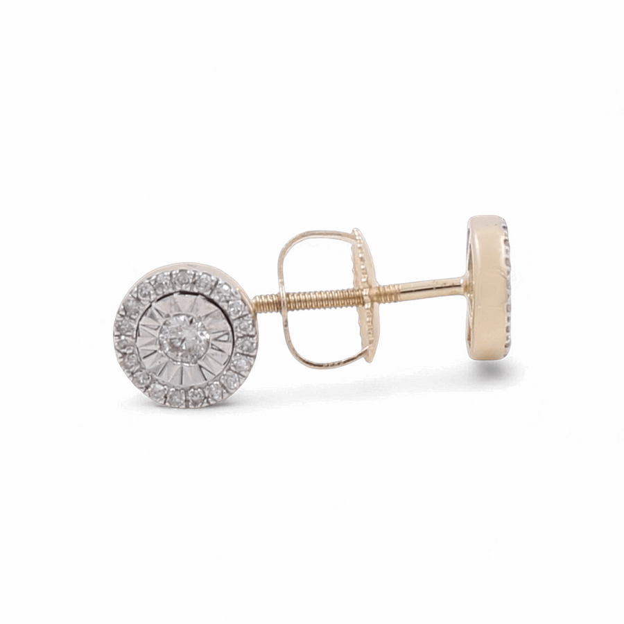 The 10K Yellow Gold Round Fashion Diamond Women's Earrings by Miral Jewelry feature a single stud earring with a screw back closure and a round halo design, perfect for women's fashion.