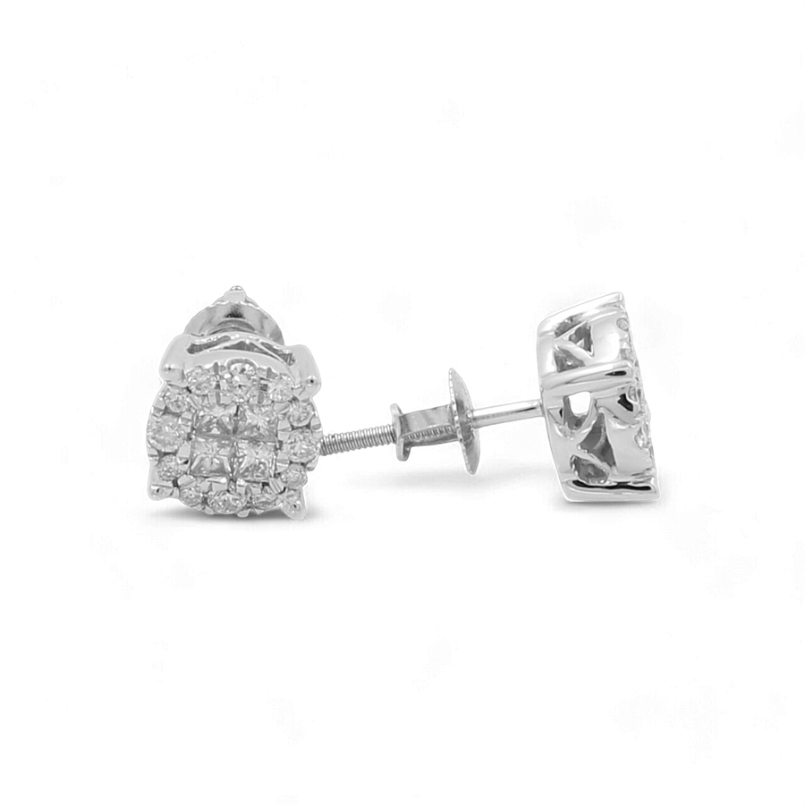 A single stud earring with a square-shaped cluster of small diamonds set in 14K white gold by Miral Jewelry, shown from the side to display the screw-back fastening, exudes timeless elegance.