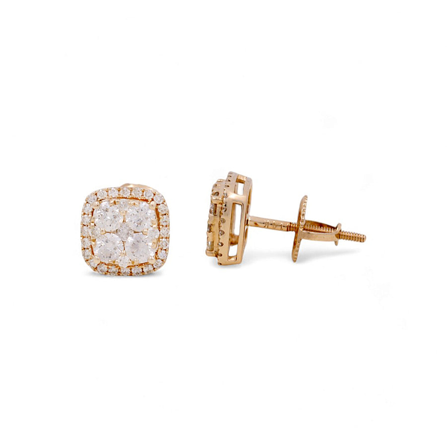 14K Yellow Gold Square Earrings with Round Diamonds